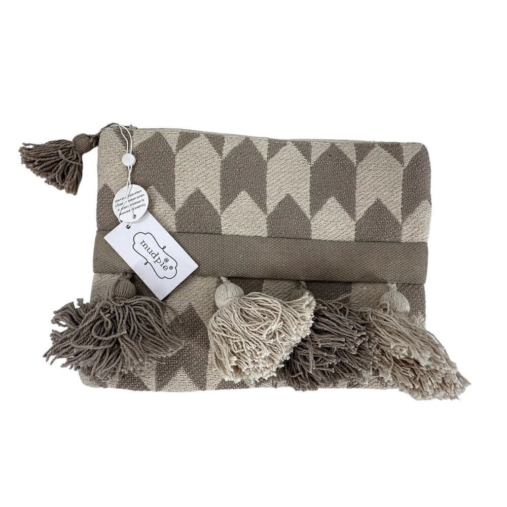 Mud Pie Handloom Tassel Case Neutral Chevron Zipper Pouch Boho Cosmetic Bag NWT